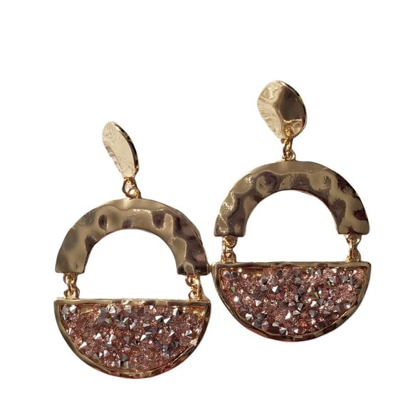 Women Gold Peach Faceted Half Circle Dangle Drop Post Back Party Casual Earrings - Picture 3 of 6